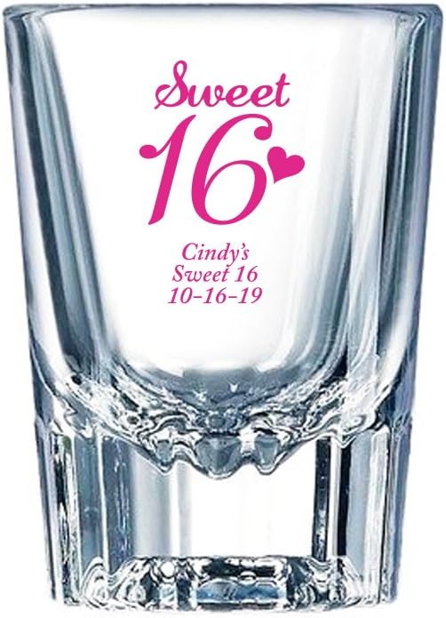 Personalized Color Printed Barcraft Shot Glass - Sweet 16 - Fuchsia - 12 pack
