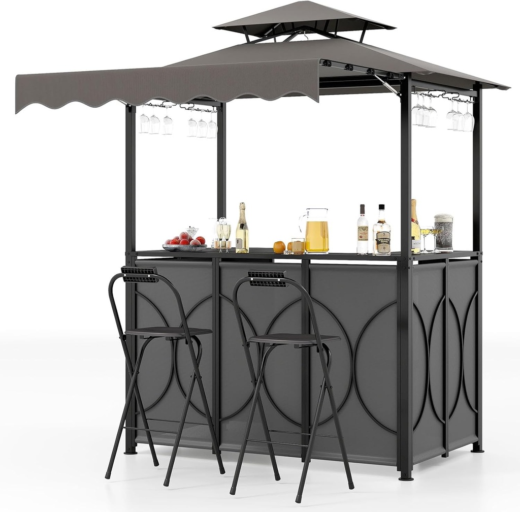 Tangkula 3 Piece Patio Bar Set, Grill Gazebo & 2 Foldable Bar Stools with Awning, Metal Storage Shelves, Glass Holders, Double-Tier Outdoor Shelter for Patio Poolside Garden Backyard (Gray)