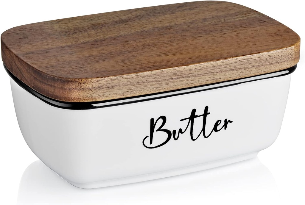 Butter Dish with Lid, ALELION Large Ceramic Butter Dish for Countertop, Butter Keeper with Thick Acacia Wood Lid, Kitchen Decor and Accessories for Kitchen Gifts, White