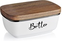 Butter Dish with Lid, ALELION Large Ceramic Butter Dish for Countertop, Butter Keeper with Thick Acacia Wood Lid, Kitchen Decor and Accessories for Kitchen Gifts, White