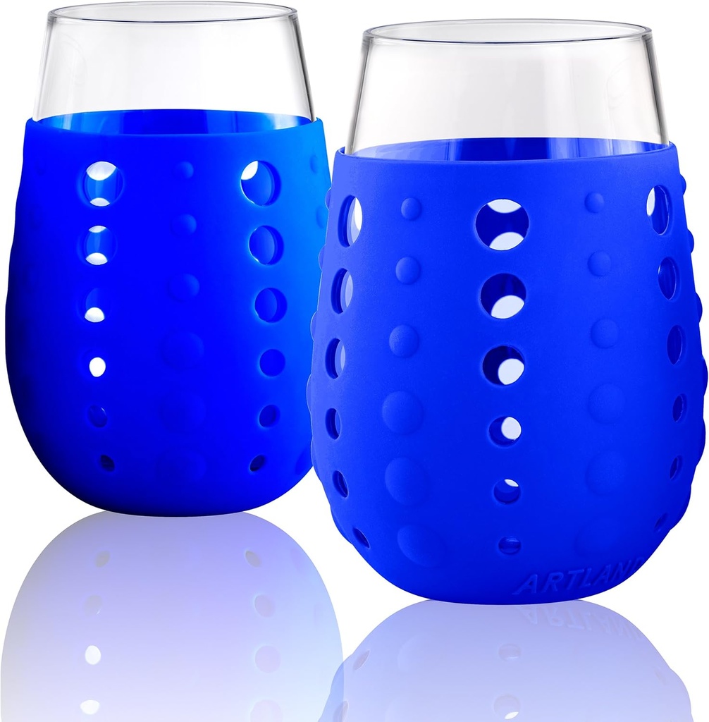 Artland 15 oz Hydra Sip Glasses with Blue Silicone Sleeves in a Gift Box (Set of 2), Small, Blue Jean Blue