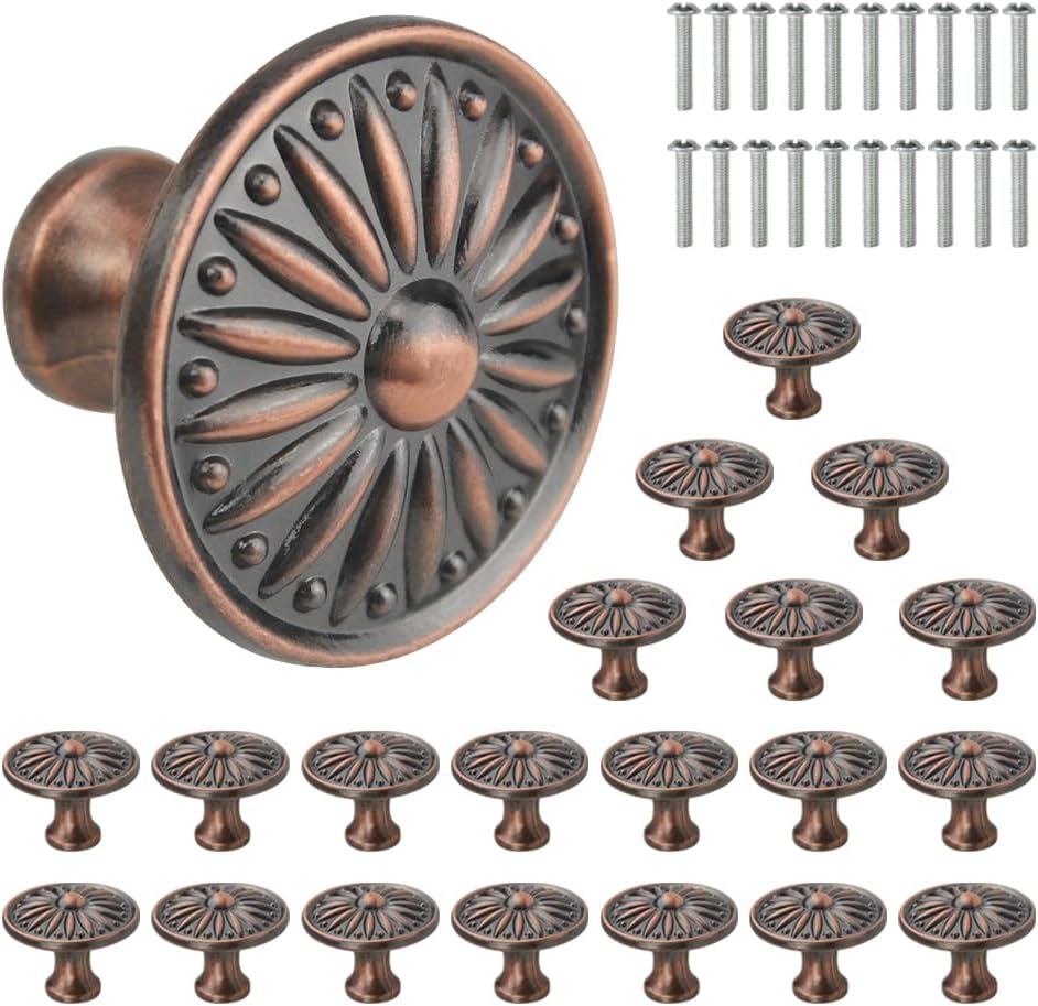 WMYCONGCONG 20 PCS Antique Dresser Knobs Round Pulls 35mm Diameter Vintage Flower Pattern Single Hole Pull Knob with Screws for Kitchen Cabinet Drawer Cupboard Closet Door Wardrobe