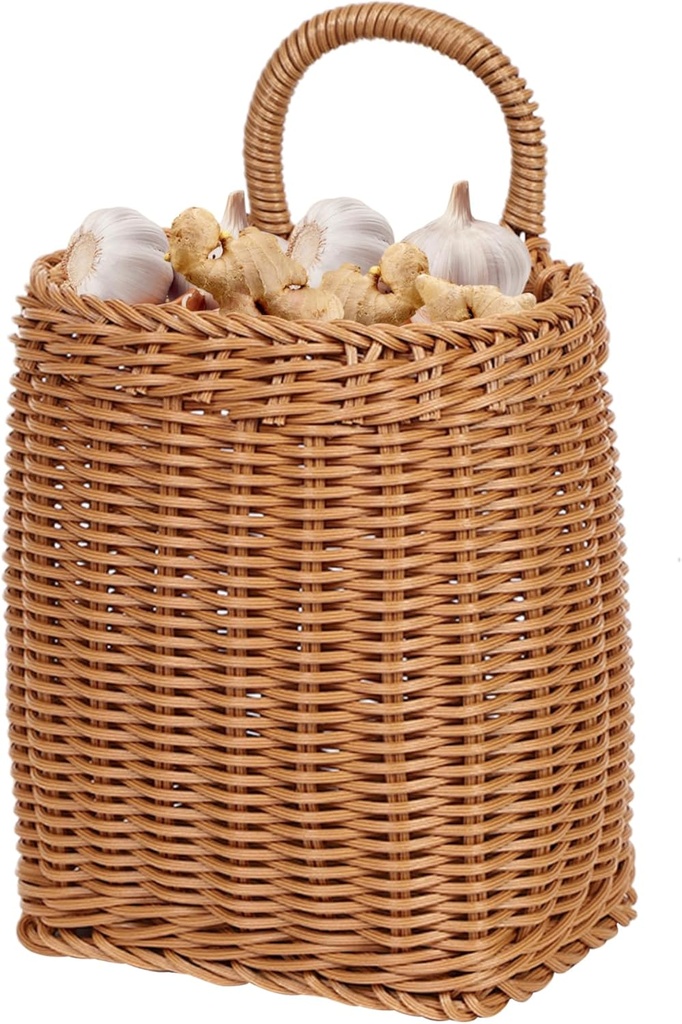 Hanging Wall Basket Plastic Hanging Basket with Handle Woven Wall Basket Rustic Boho Hanging Storage Basket for Vegetable Fruit Flower Wall Decor 6x4x7 Inch Tall, Wall Hanging Basket