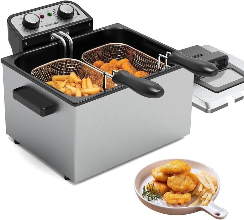 1800W 5 Liters/21 Cups Large Electric Deep Fryer with Baskets for Home Use,Adjustable Temperature，Countertop Deep Fryer Pot,Perfect for Kitchen,1 Basket VEXON Deep Fryer Stainless Steel