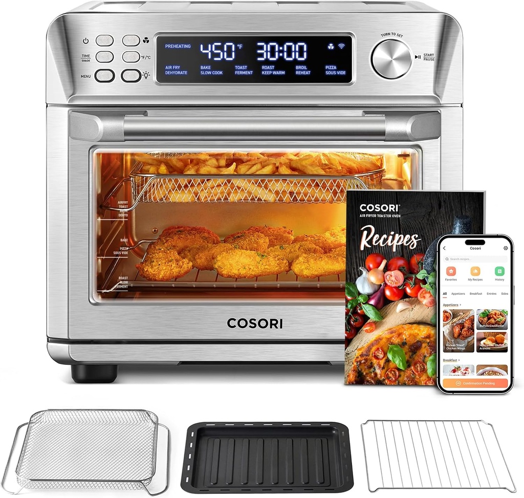 COSORI Air Fryer Toaster Oven Combo, Smart 12-in-1 Airfryer Sous Vide Convection Oven Countertop, Bake, Roast, Reheat, Broil, Dehydrate, 94 Recipes & 3 Accessories, 26QT, Silver, Stainless Steel