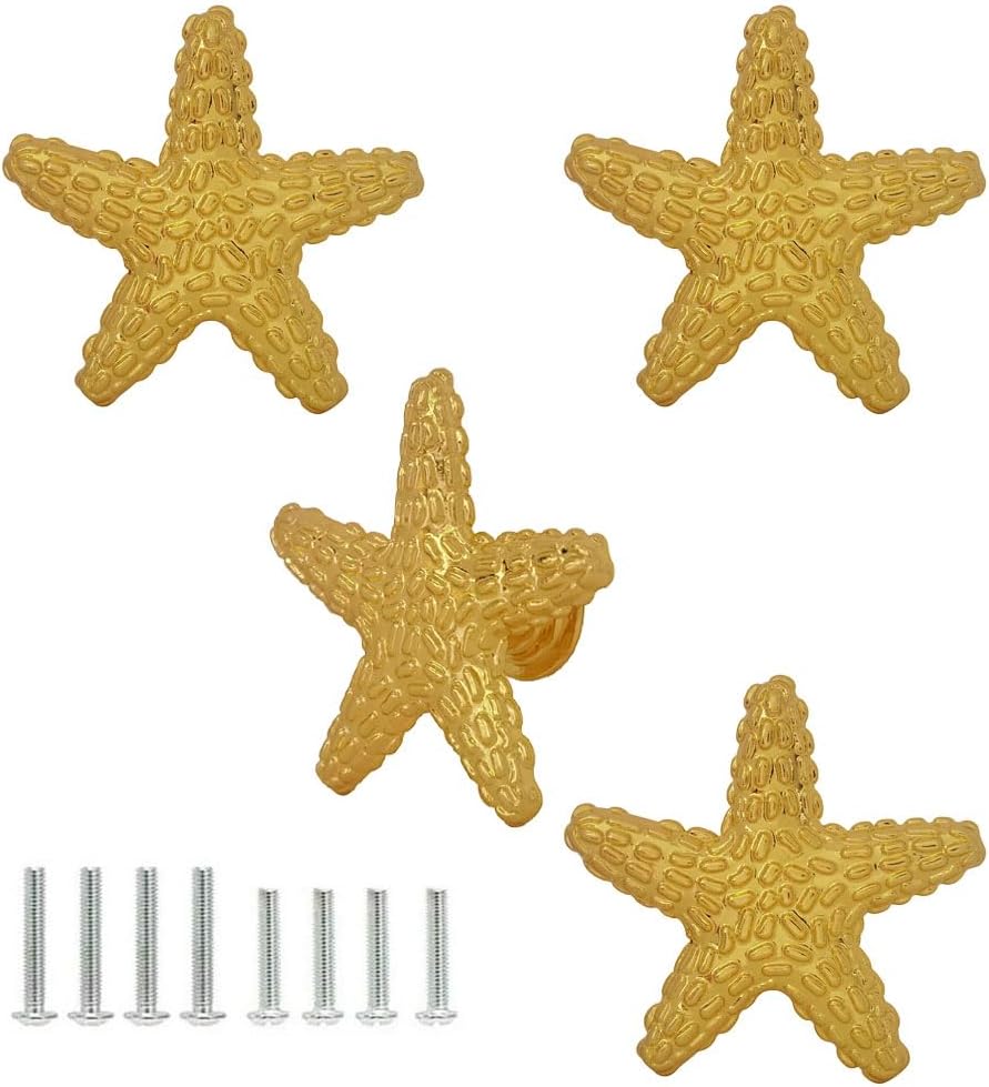 Coastal Drawer Pulls - Unique Starfish Cabinet Knob Handles for Ocean Nautical Beach Theme Decorative Furniture Door Knob Pulls for Dresser Cabinet Closet Kitchen Decor 4PCS (Gold)
