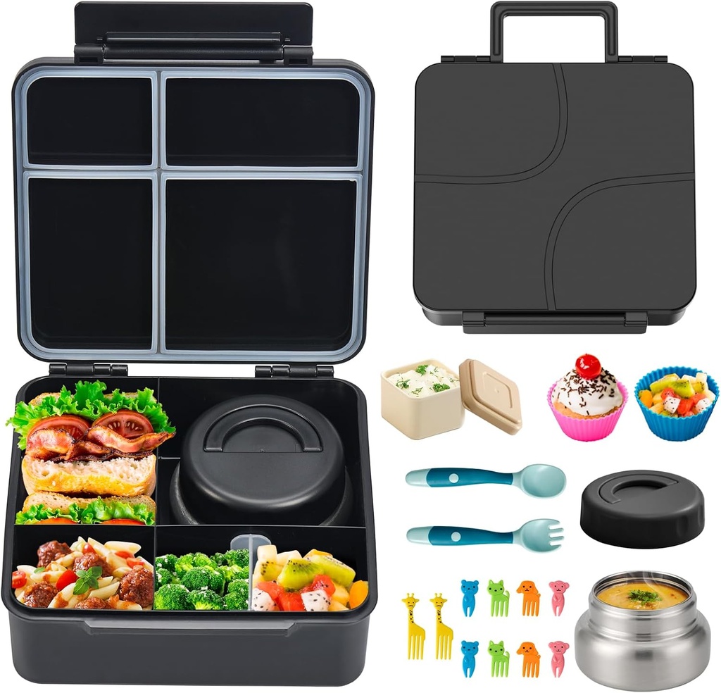 JSLOVE Bento Lunch Box with Leak Proof Thermos Food Jar for Kids, Food Lunch Containers for Boys with 4 Compartments, BPA-Free with Utensils, Food Picks, Sauce Jar & Silicone Lunch Box Dividers