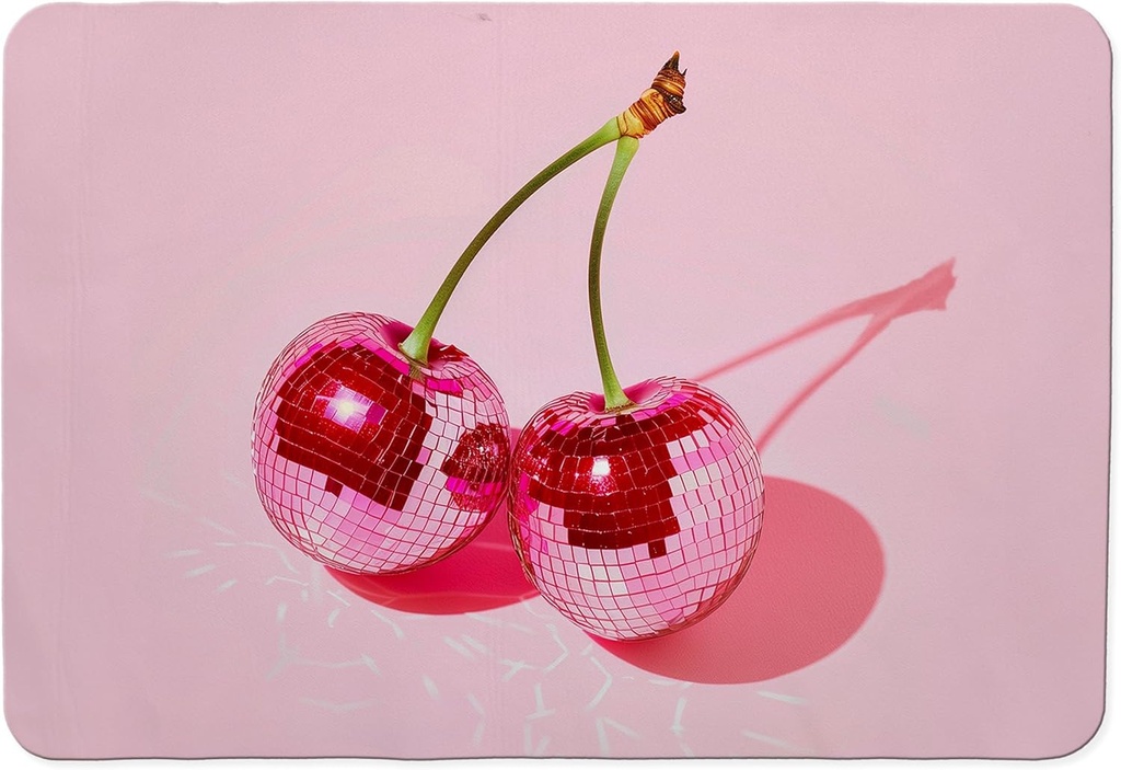 Pink Cherry Disco Ball Dish Drying Mat, Preppy Glam Cherries Coffee Bar Mat for Countertops, Pink Y2K Disco Absorbent Dish Drying Mats for Kitchen Counter Coffee Maker, 16x24 Inch