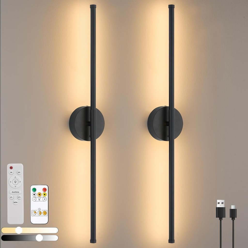 Wireless Battery Operated Wall Sconce Set of 2, Black 10000 mAh Rechargeable Wall Lights Fixture with Remote Control, LED 3000K-6000K Dimmable Magnetic Wall Lamp Decor for Bedroom Living Room, 31.5 ''
