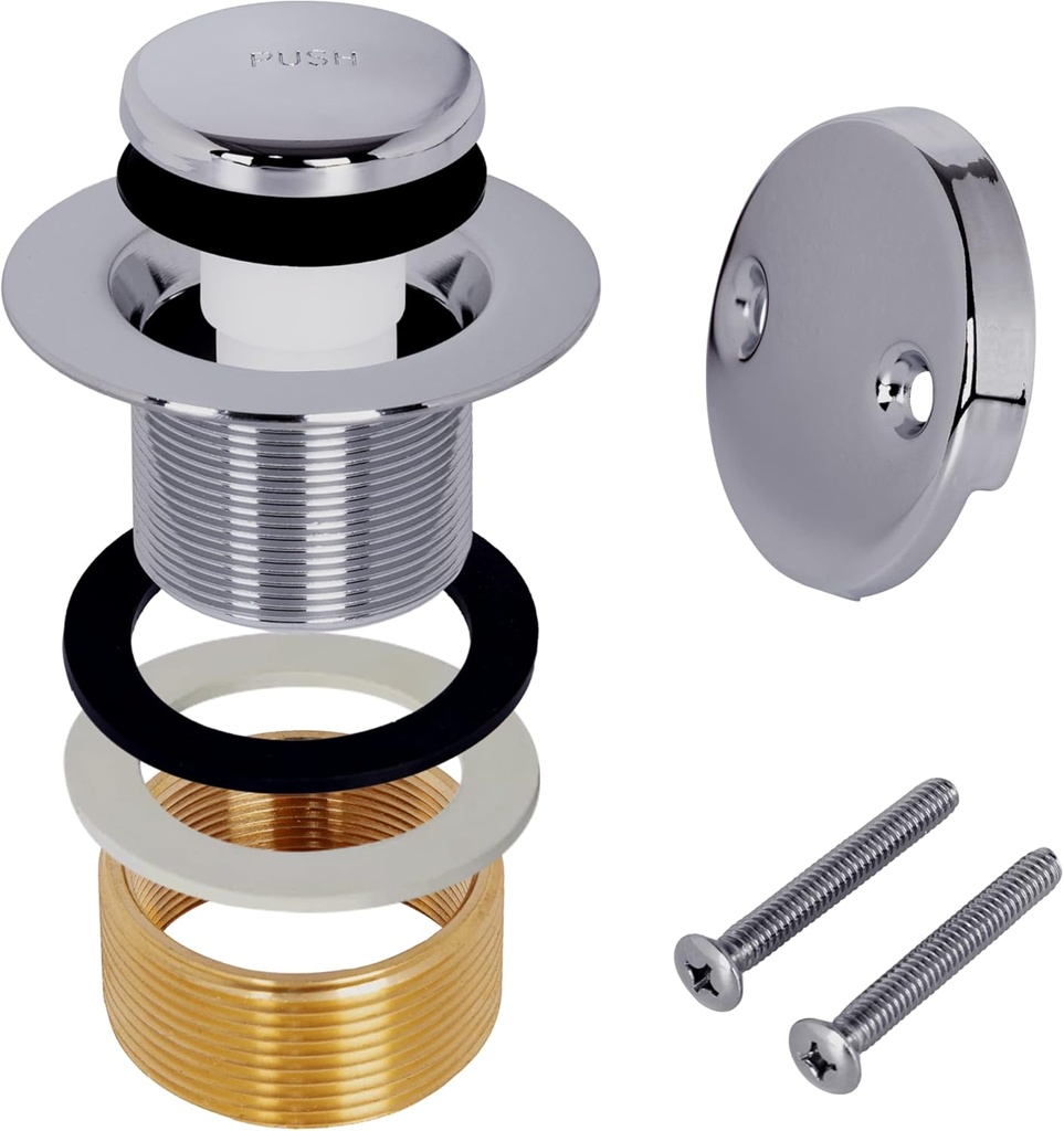 Bathtub Drain Tip-Toe Tub Trim Kit with Two-Hole Overflow Faceplate, All Brass Bathtub Drain Stopper Plug with Universal Fine/Coarse Thread, Lift & Turn Tub Conversion Set (Chrome Plated)