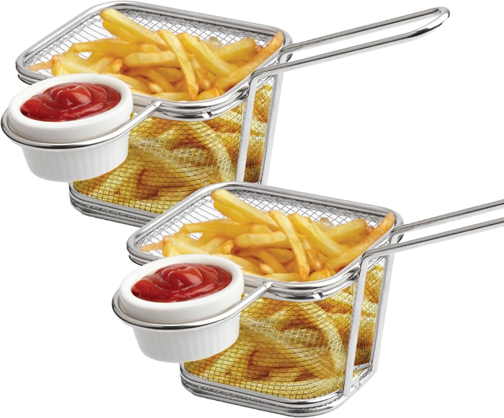 Stainless Steel Square Deep Fryer Basket with Ceramic Dipping Bowl, Perfect for Serving Fried Delights Such as French Fries, Onion Rings, Chicken Wings and BBQ Items (2 Pack)