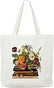 Canvas Tote Bag, Books And Flowers Tote Bag,Reusable Shopping Bags, Gifts For Book Lovers And Readers, Teacher Gifts For Women, Christmas Thanksgiving Presents-19