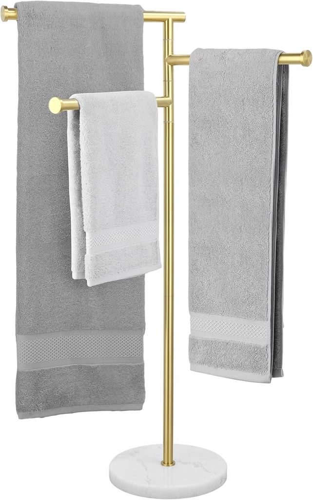 KES Brushed Gold 40-Inch Freestanding Towel Racks for Bathroom with Weighted Natural Marble Base, 3 Swivel Arms Bath Floor Free Standing Towel Racks, 18/8 Stainless Steel, BTH219-BZ