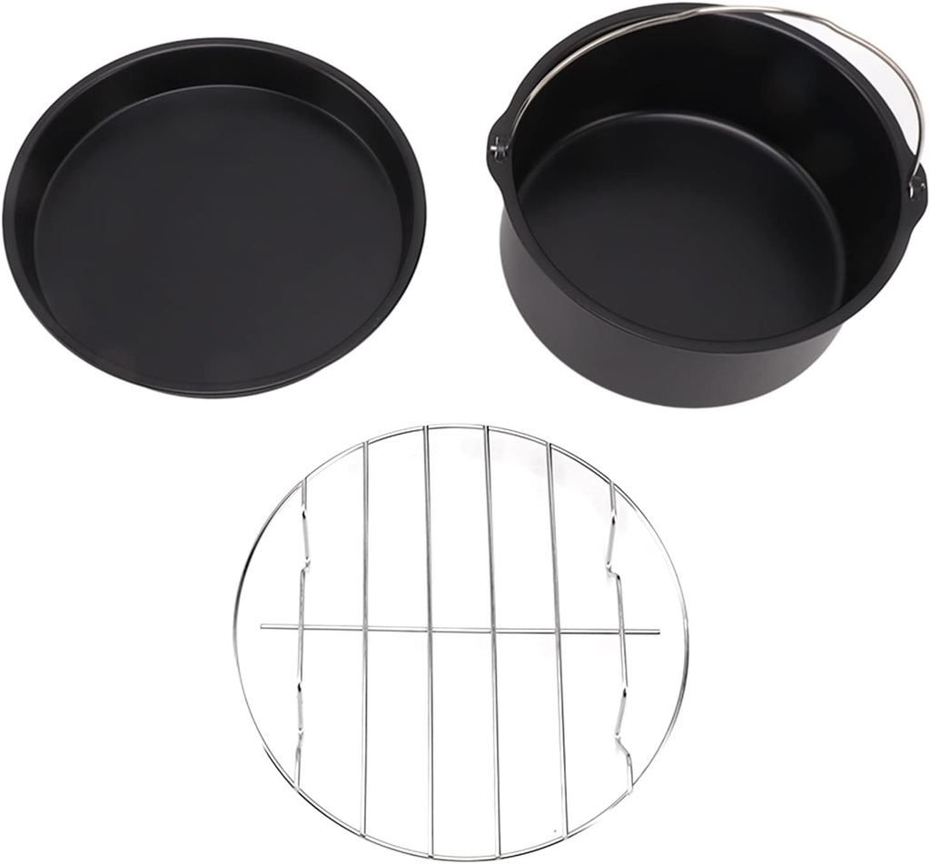 Air Fryer Cake Pan Accessories,Universal Air Fryer Accessories,Stainless Steel Baking Cake Barrel Pizza Pan Grill Nonstick Coating Dishwasher Safe Black(7 inches)