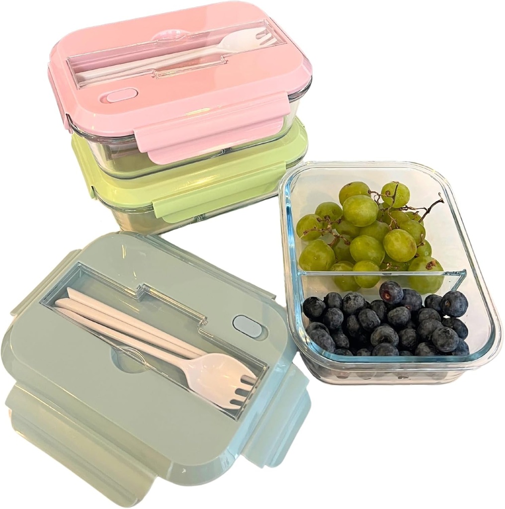 THY COLLECTIBLES Set of 3 36 OZ Glass Lunch Storage Containers with Lids and Utensils, Microwave Safe, Leak Proof, Freezer to Oven Safe for Meal Prep, Leftovers, Cooking, Bento Box (2 Compartments)