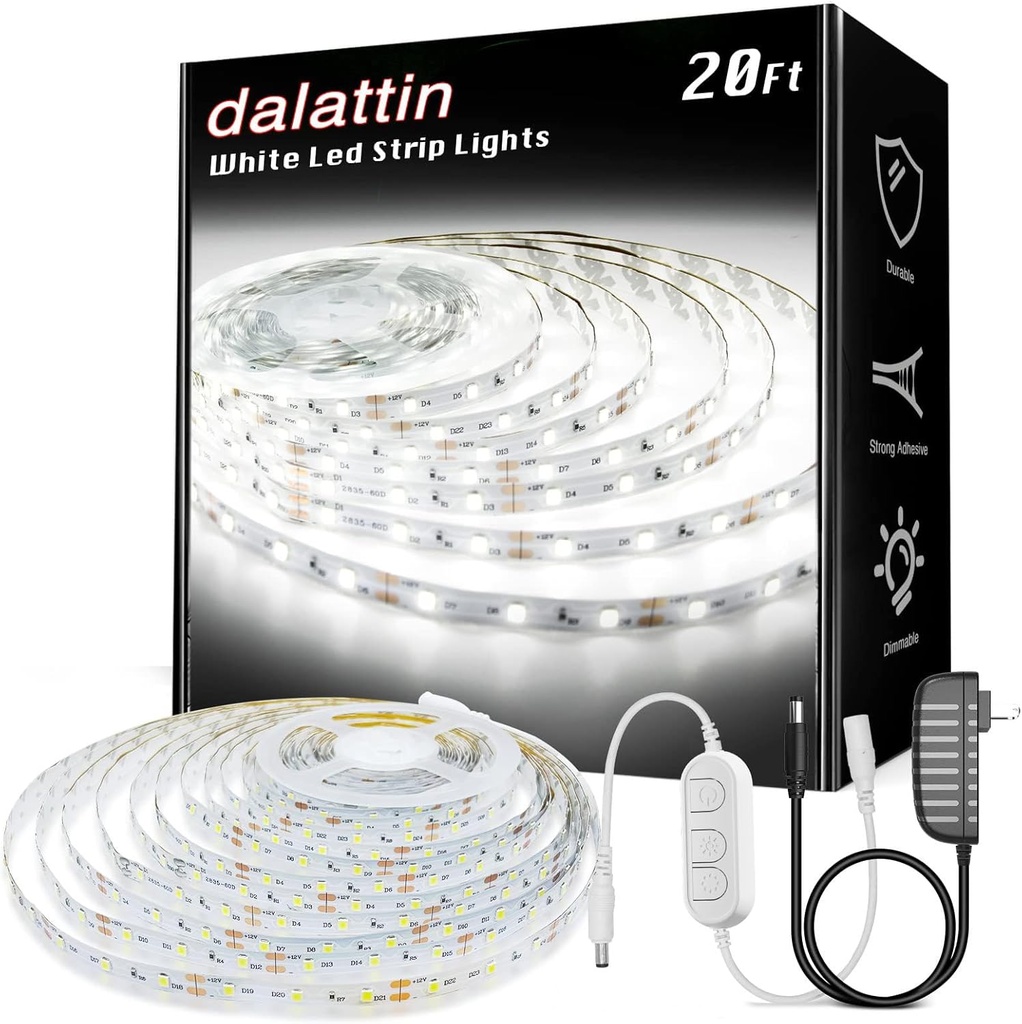 dalattin White LED Strip Lights, 20ft Dimmable Super Bright 24V Led Tape Light 6500K 360 LEDs Lights for Bedrooms, Mirror, Kitchen, Home Decoration Daylight White