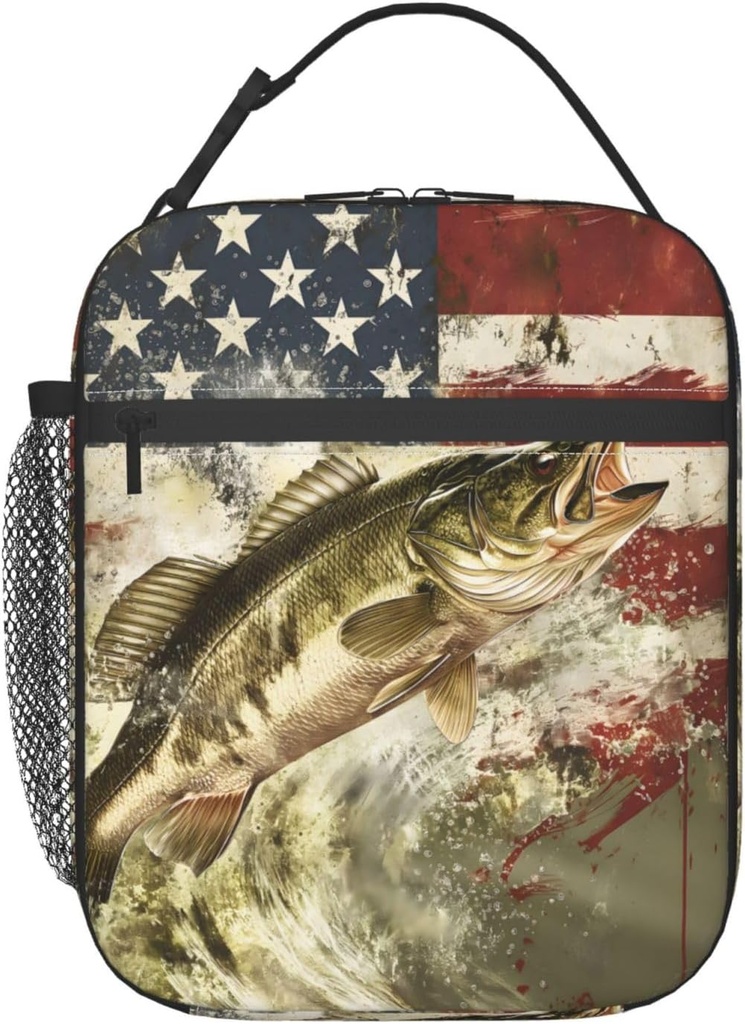 Insulated Lunch Box for Kids Boys Girls, Reusable Lunch Bag for School, Office, Picnic, Work, Travel, American Flag Fishing Theme Lunch Box