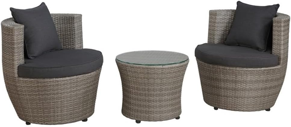 All-Weather Wicker 2-Person Outdoor Patio Conversation Set - Gray Resin Wicker, 100% Aluminum Frame, with Two Round Chairs & 18 in. H Glass Top Table - Water-Resistant Cushions