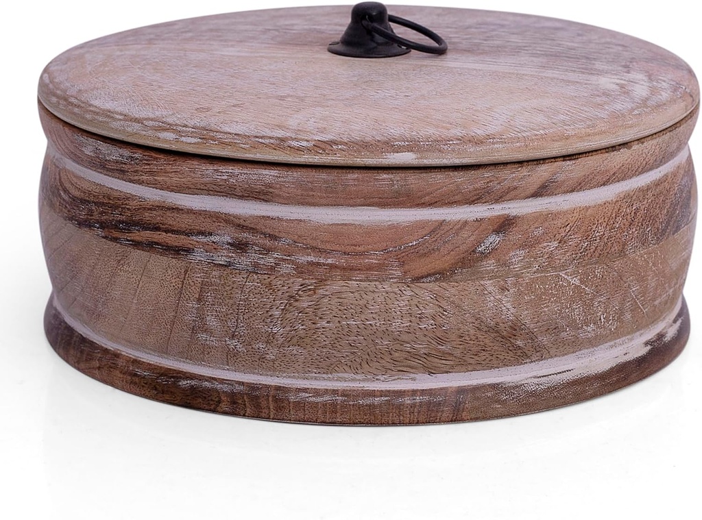 Handcrafted Wooden Mexican Tortilla Warmer Basket Indian Chapati Roti Bread Holder Box Pancake Keeper Serveware Hot Pot Casserole Dish With Lid Home Kitchen Dining Decor, Natural Brown, 9 x 3.5 Inches