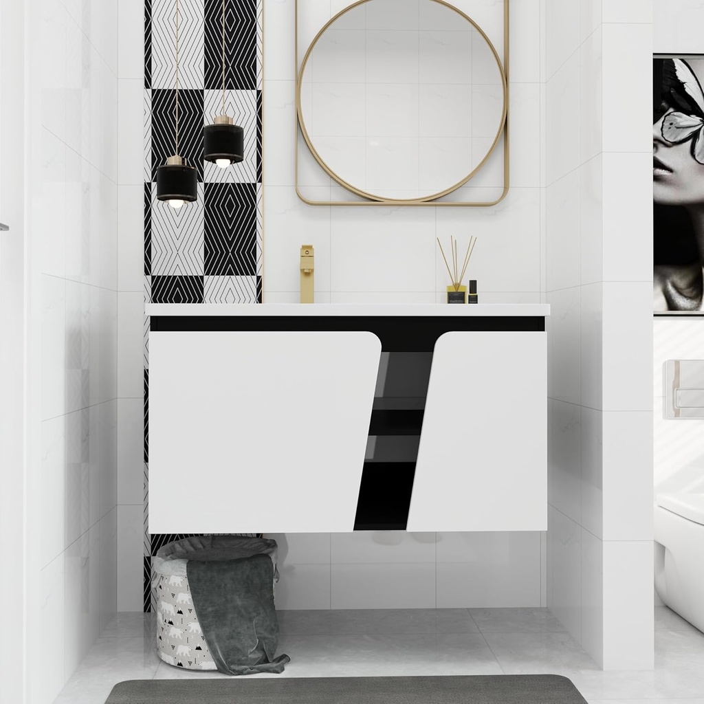 36 inch Modern Floating Bathroom Vanity with Sink, Wall-Mounted Cabinet, Soft-Close Doors, Perfect for Small Spaces, White & Black