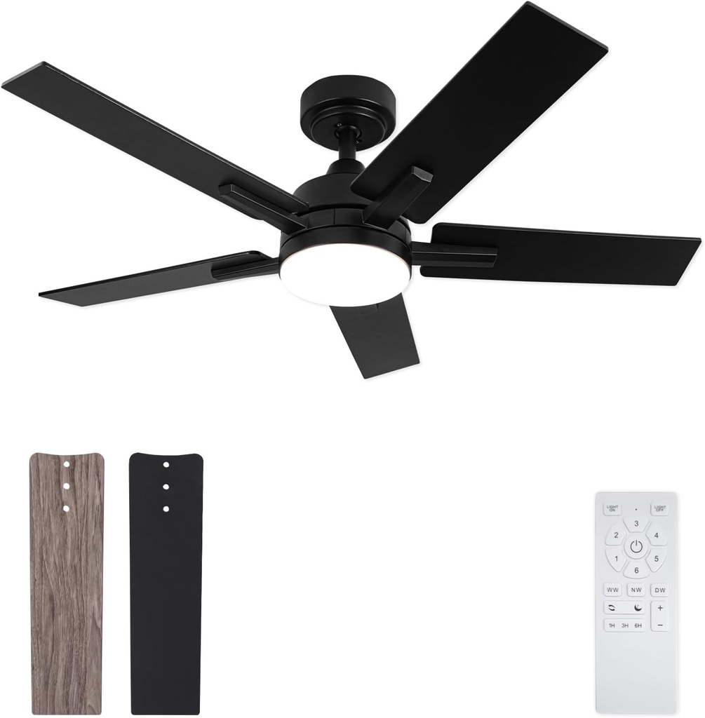 42 Inch Ceiling Fans,Ceiling Fans with Remote/APP, Black Ceiling Fan with 6-Speeds Reversible Motor, Alexa Ceiling Fan with 5 Two-sided Blades Dimmable Noiseless for Indoor Bedroom/Outdoor