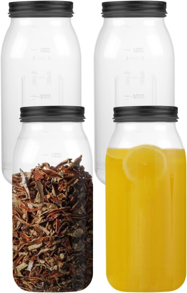 64 OZ Clear Mason Jars Plastic Storage Containers with Metal Lid Plastic Empty Jars for Kitchen and Household 4 Pack (Black)