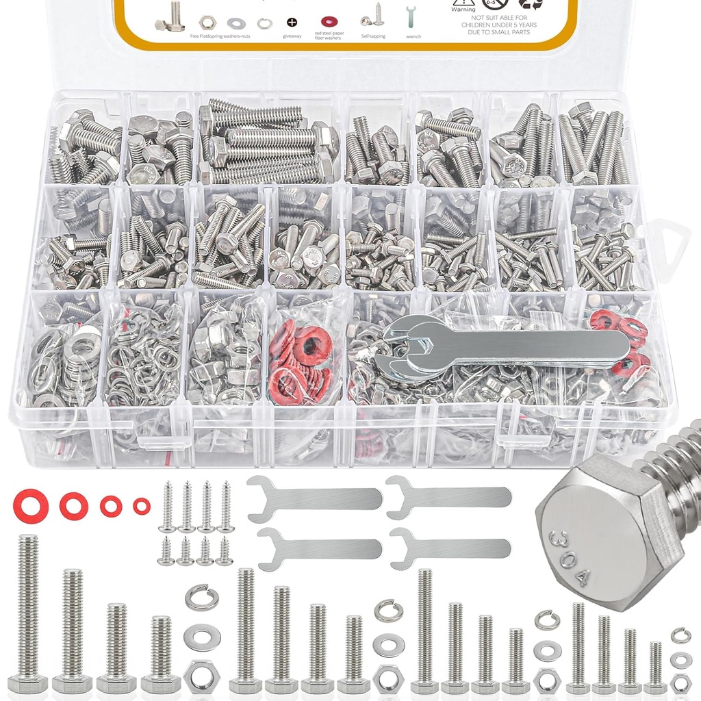 780pcs Hex Bolts and Nuts kit, 304 Stainless Steel M6 M5 M4 M3 Metric Bolt Assortment (Lock & Flat Washers), Stainless Steel Bolts and Nuts kit, Metric Screw Assortment