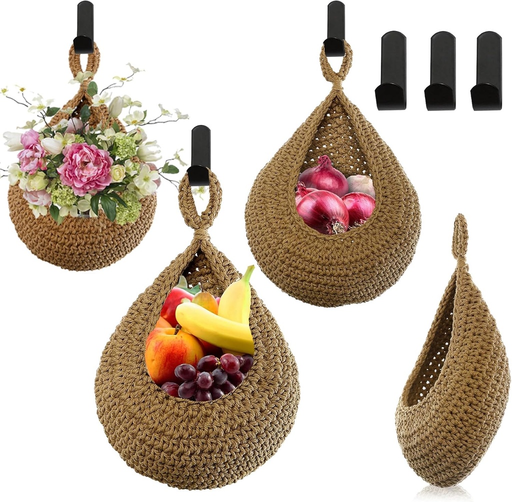 Hanging Fruit Baskets for Kitchen - Handwoven in 3 Sizes Boho Wall Hanging Basket with 3 Hooks, Bohemian Teardrop Jute Hanging Holder for Fruits Vegetable Potato Onion Storage