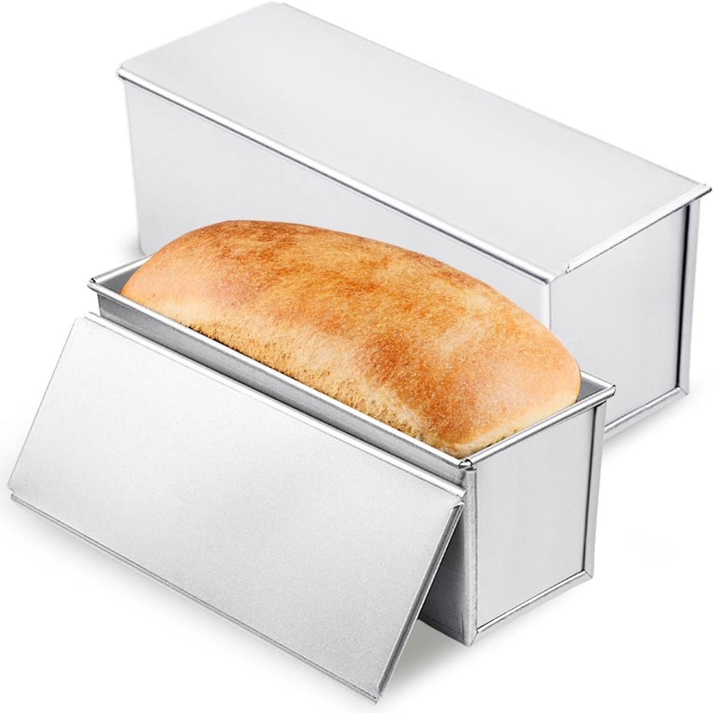 2 Pcs Pullman Lidded Bread Pan,Non-Stick Bread Pan, Dough Capacity Bread Pans (with Lid),Quick Release Coated Breads Pans for Home Bakeware Breads Toast Oven Baking (Silver)