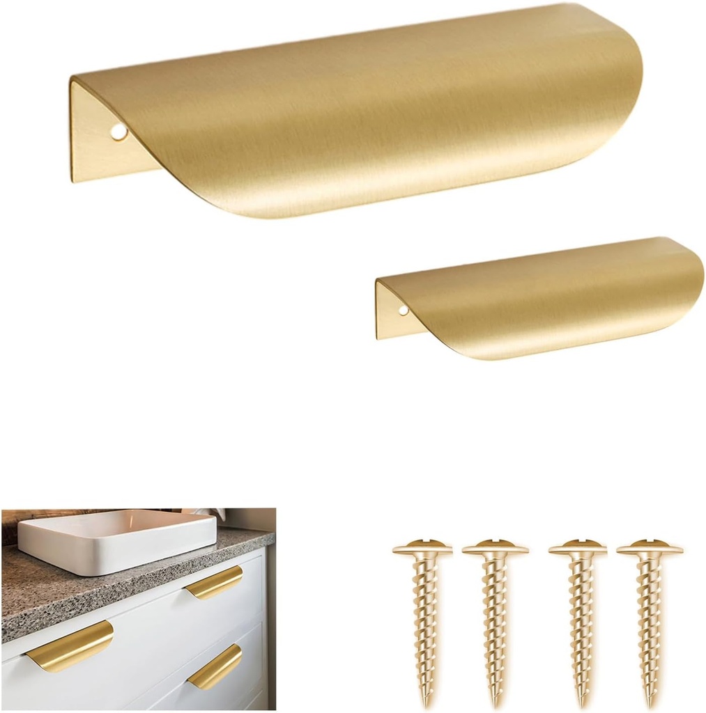 2PCS Brass Edge Pulls, Copper Back Mount Finger Edge Pulls Concealed Hidden Drawer Wardrobe Pull Handles Knobs Arc Invisible Concealed Tab Pull (Length: 4.6 inches, Solid)