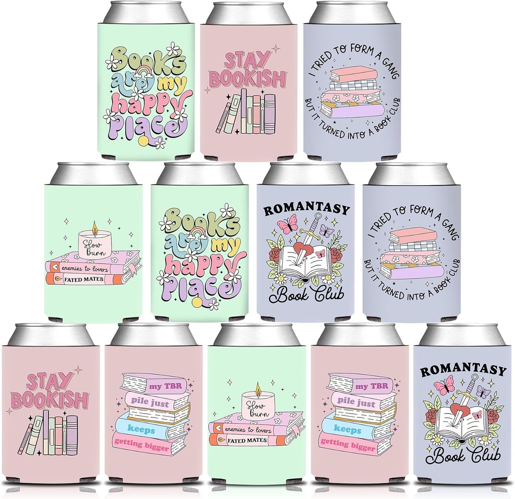 Book Theme Beer Drink Can Cooler Sleeves Set of 12 for Reading Day Bookish Club Party Favor Gift Decorations Supplies