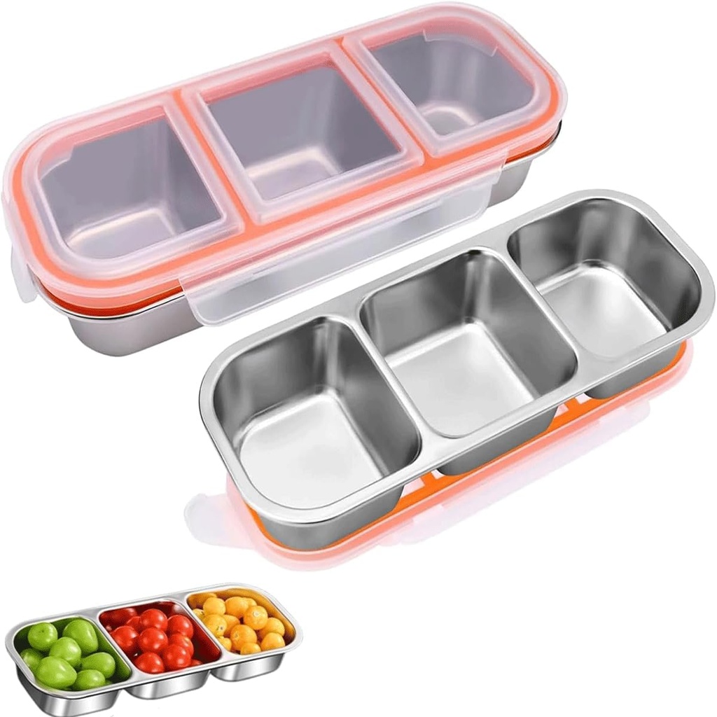 Stainless Steel Snack Containers, Reusable Condiment Box with Lids for Kids Adults,3 Compartment Sauce Cups, Divided Food Storage Containers for School, Home, Travel