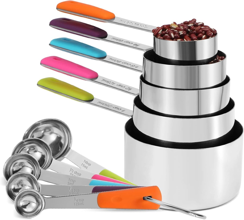Measuring Cups and Spoons Set Stainless Steel 10 Piece for Cooking and Baking (5 Cups + 5 Spoons, Colorful Handles)