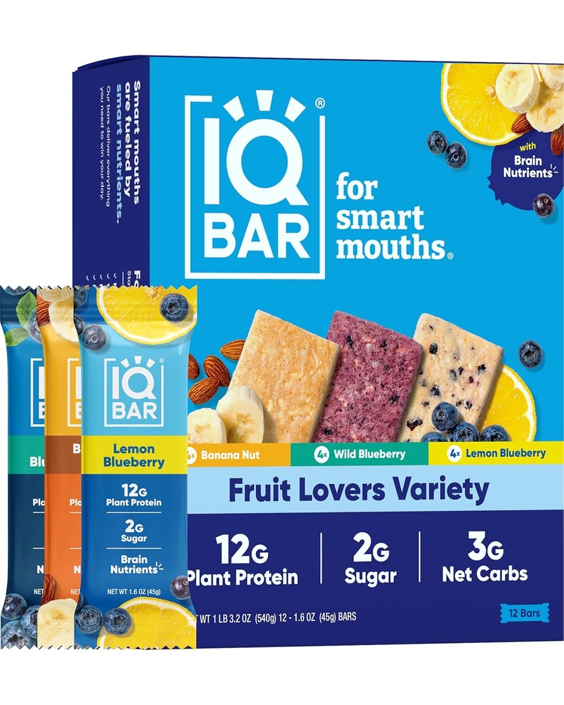 IQBAR Brain and Body Plant Protein Bars - Fruit Lovers Variety - 12-Count Low Carb - Gluten Free, High Fiber, Vegan Snacks - Low Sugar Meal Replacement