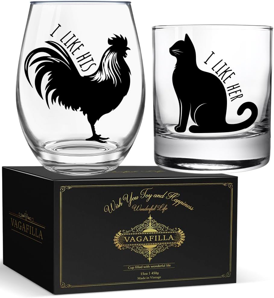 Wedding Wine Glass Gift Set for Wife Husband, I Like Her I Like His Wine Glass15oz, Mr and Mrs Wine Glass,Funny Chicken Cat Glass for Boyfriend Girlfriend ﻿