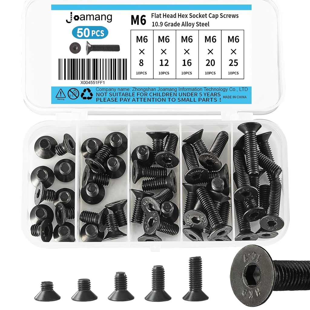 M6 x 8mm 12mm 16mm 20mm 25mm Flat Head Hex Socket Cap Screws Countersunk Bolts, 10.9 Grade Alloy Steel, Black Oxide Finish, Metric Allen Drive, Fully Threaded, Assortment Kit 50Pcs