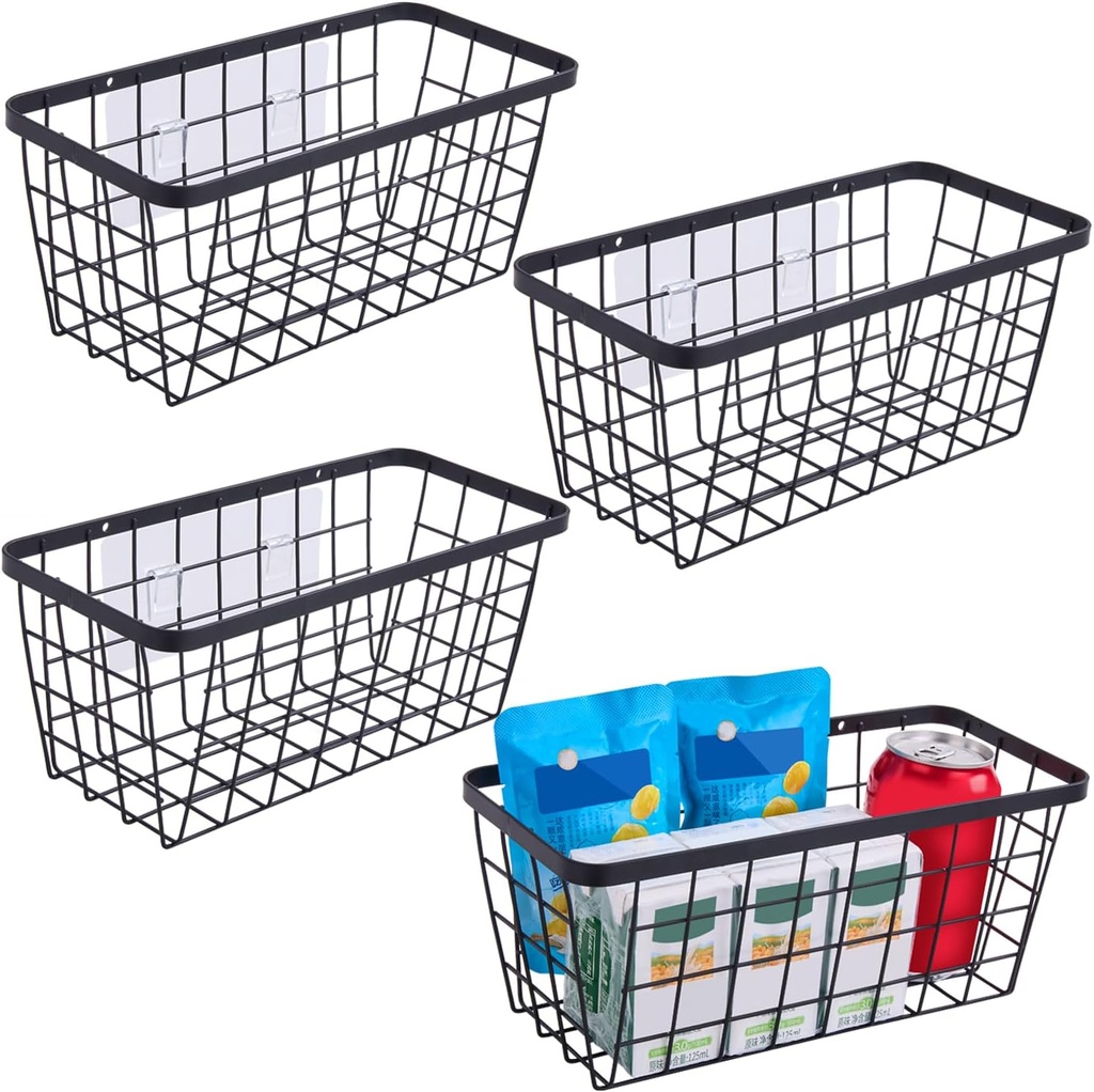4 set Hanging Wall Basket Organizer,Over the Cabinet Door Wire Baskets for Organizing -Space-Saving Hanging Baskets for Organizing,Wall Mount Storage,No Drilling Adhesive Wall Storage Basket, Black