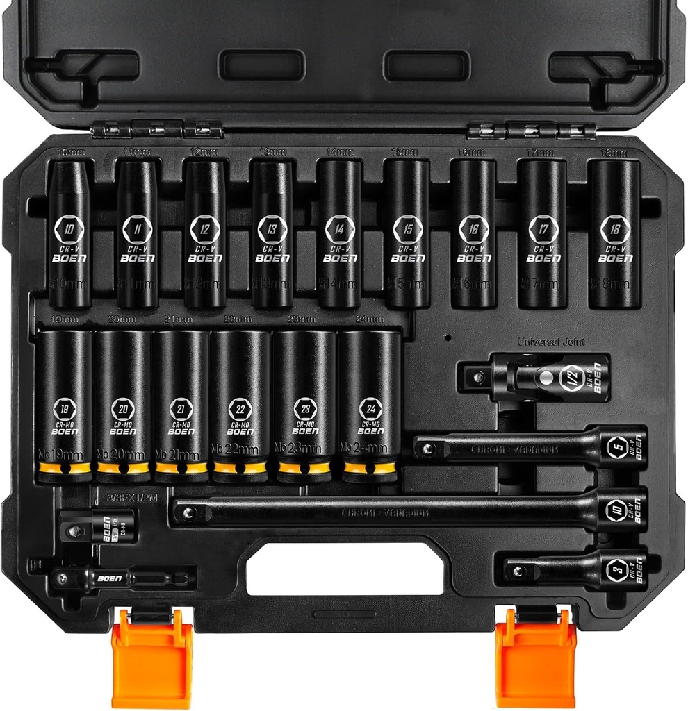 BOEN Pro 1/2" Drive Metric Deep Impact Socket Set, 21-Piece CR-MO &CR-V Steel, Upgraded Torque & Durability, 10mm-24mm, Includes Extension Bars, Universal Joint, Adapter – Meets ANSI