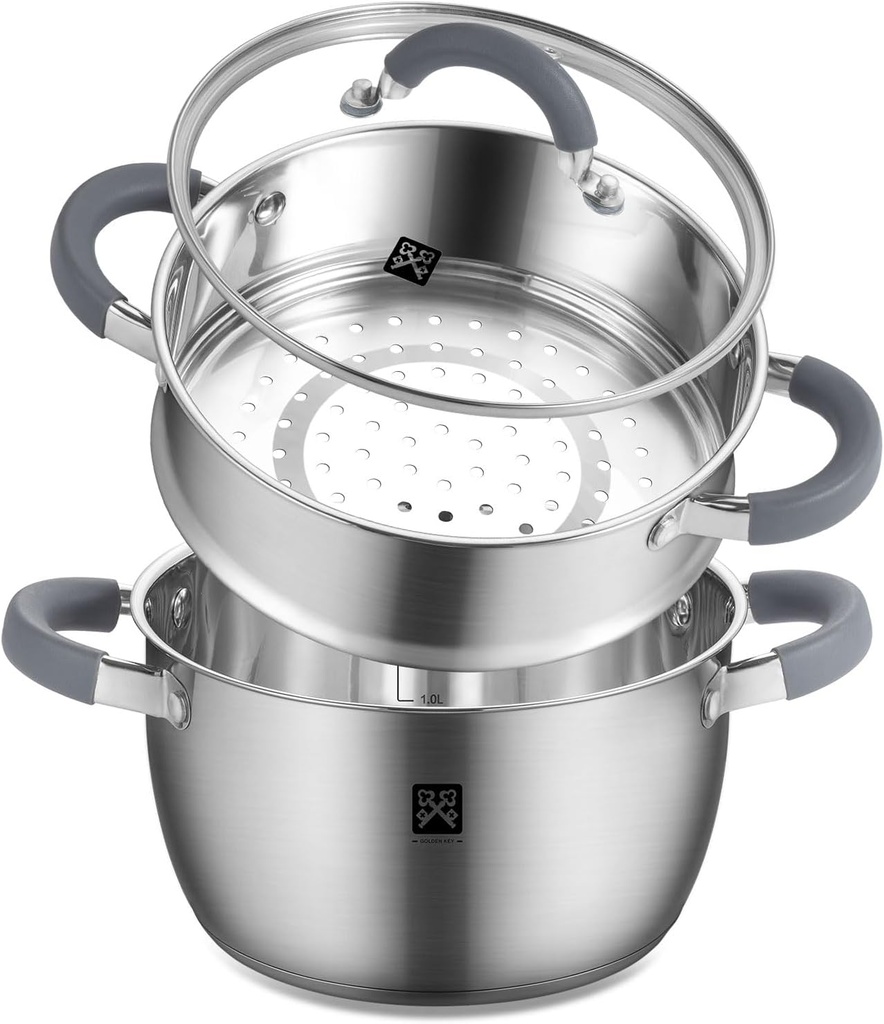 GOLDEN KEY 4.0 QT Steamer for Cooking,Steamer Pots with Vegetable Steam Basket,2-Tier Multipurpose 18/8 Stainless Steel Steaming Pot Cookware for Vegetable,Soup, Food,Dumplings,Oven & Dishwasher Safe