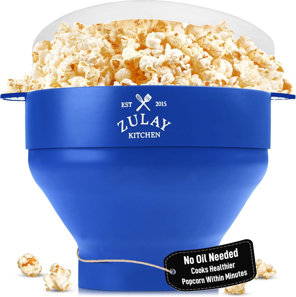 Zulay Microwave Popcorn Popper Bowl Maker with Lid - Collapsible, BPA-Free Silicone, Dishwasher Safe, Wide Spacious Size, No Oil Needed - Family Movie Night Supplies - Blue