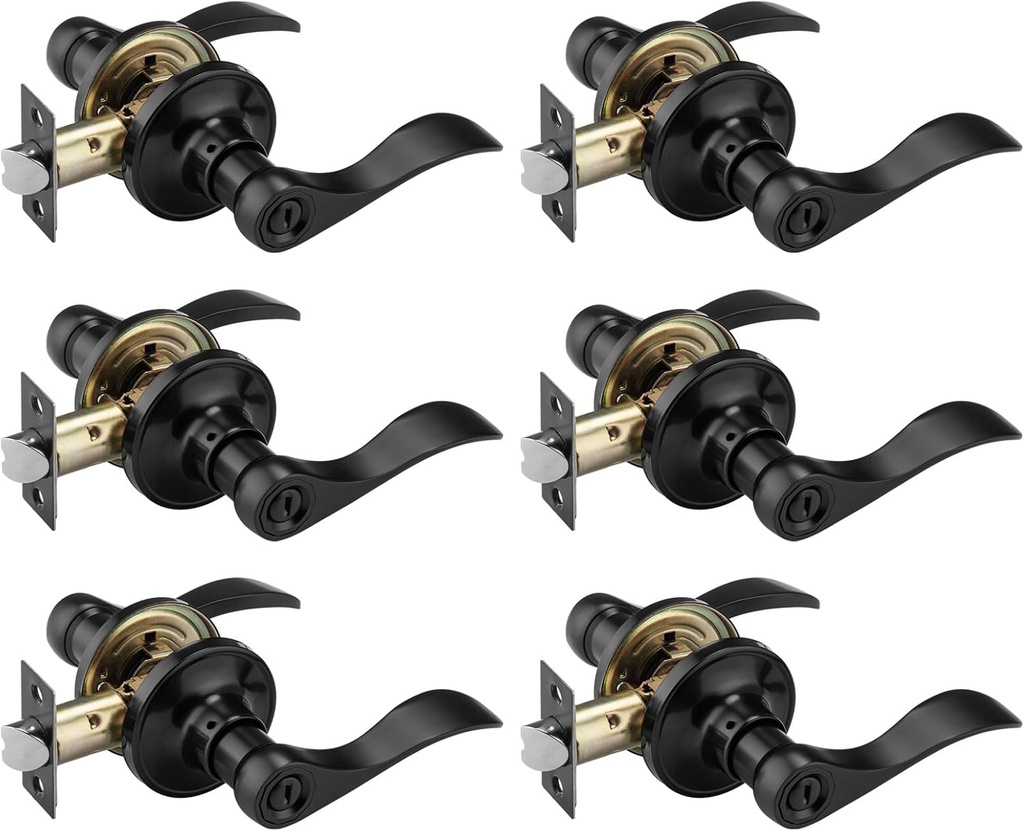 NCL 6 Pack Black Door Handle Interior, Wave Door Lever Door Knob with Lock, Privacy Door Handle for Bath & Bedroom