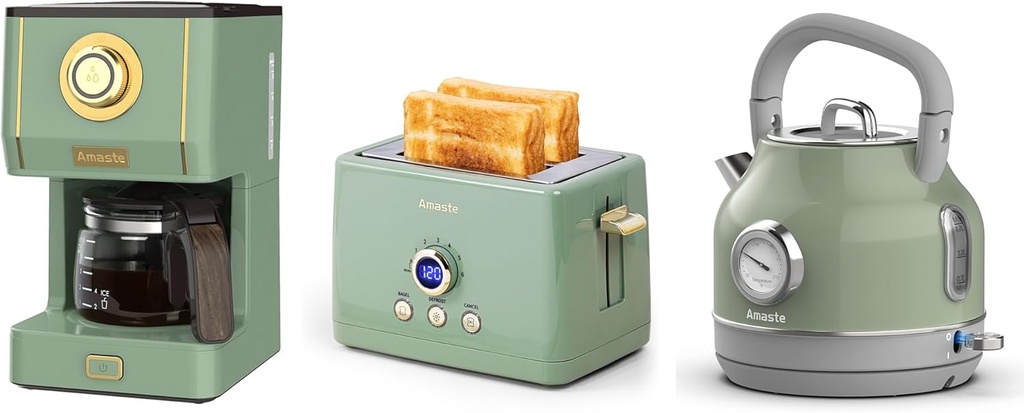 Amaste Green Coffee Maker & Green Toaster & Green Retro Electric Kettle Set