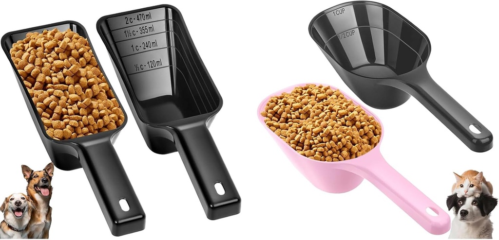4 Pack Dog Food Scoop,1 Cup and 2 Cup Plastic Pet Food Scoop With Measuring Lines For for Accurate Pet Food Portions,Dishwasher Safe(black and pink)