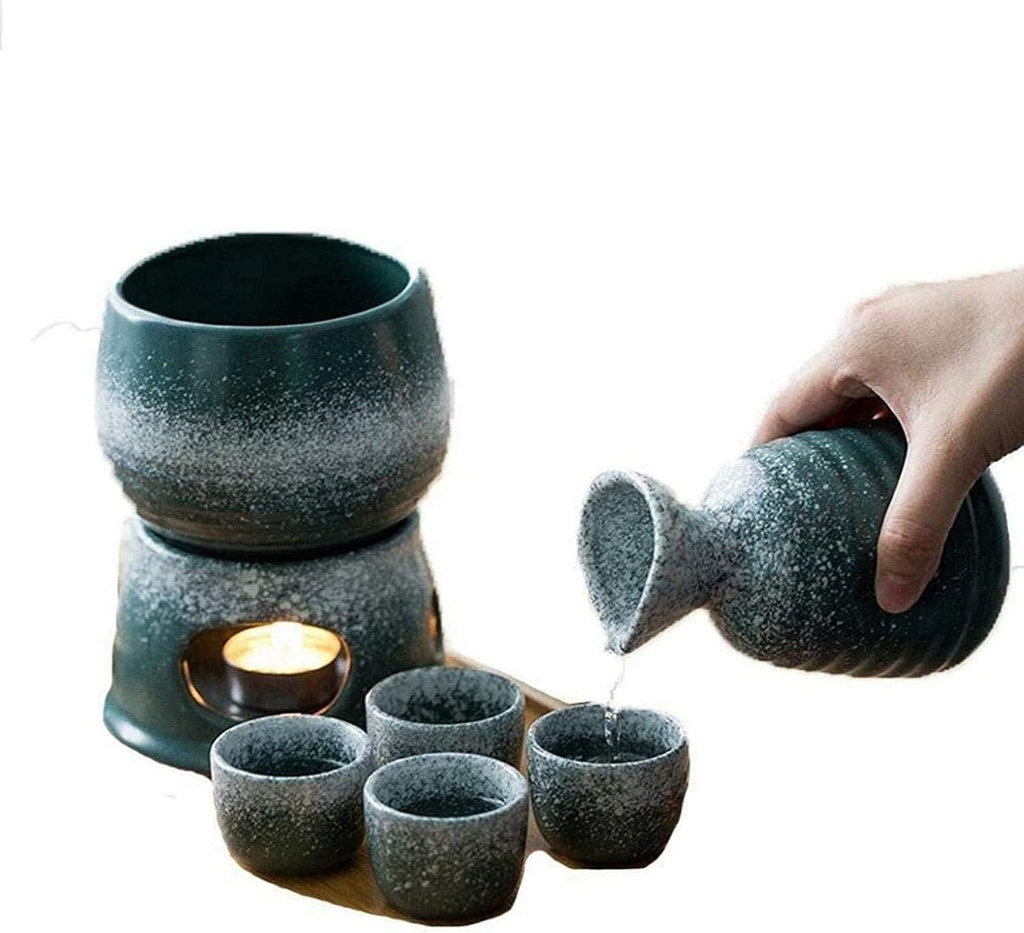 Sake Set Sake Set Cups 7 Pieces Japanese Sake Set with Warmer and Candle Stove, Malachite Green Snowflake Glaze Wine Glasses Set, for Cold/Warm/Hot Sake/Shochu/Tea