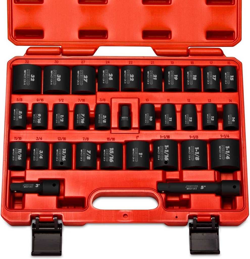 Neiko 02447A 1/2" Drive Master Impact Socket Set, 32 Piece Shallow Socket Assortment | Standard SAE (3/8-Inch to 1-1/4-Inch) and Metric (10-32 mm) Sizes | Cr-V Steel