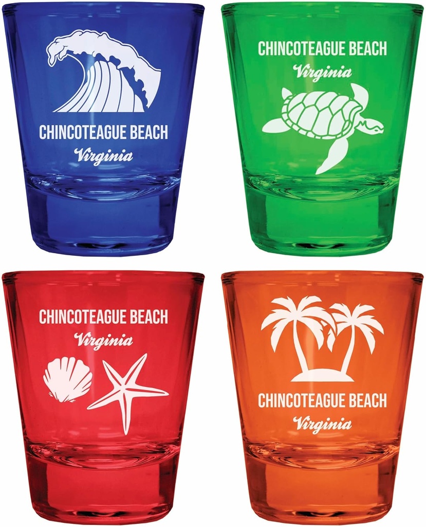 R and R Imports Chincoteague Beach Virginia Souvenir 4-Pack Multicolor Engraved Round Shot Glasses Beach Set