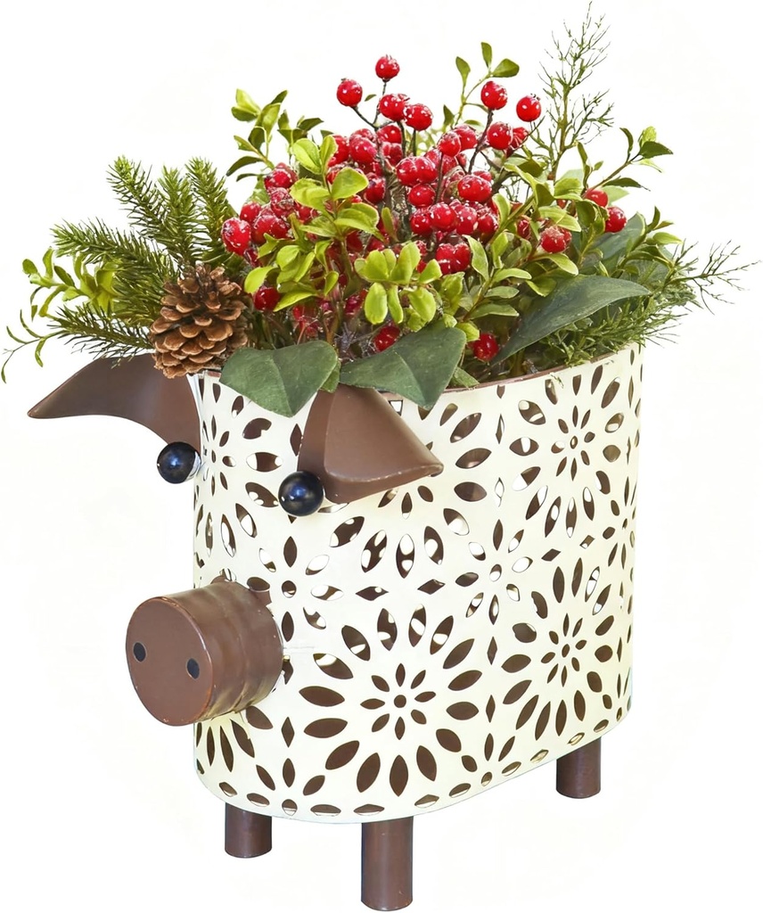 Metal Pig Fake Flowers Holder Hollow Out Narrow Pig Hanging Basket for Bathroom Living Room Kitchen farmhouse Shelf Decor, Pig Size L: 9.5 W: 6.1 H: 8.1 Inch