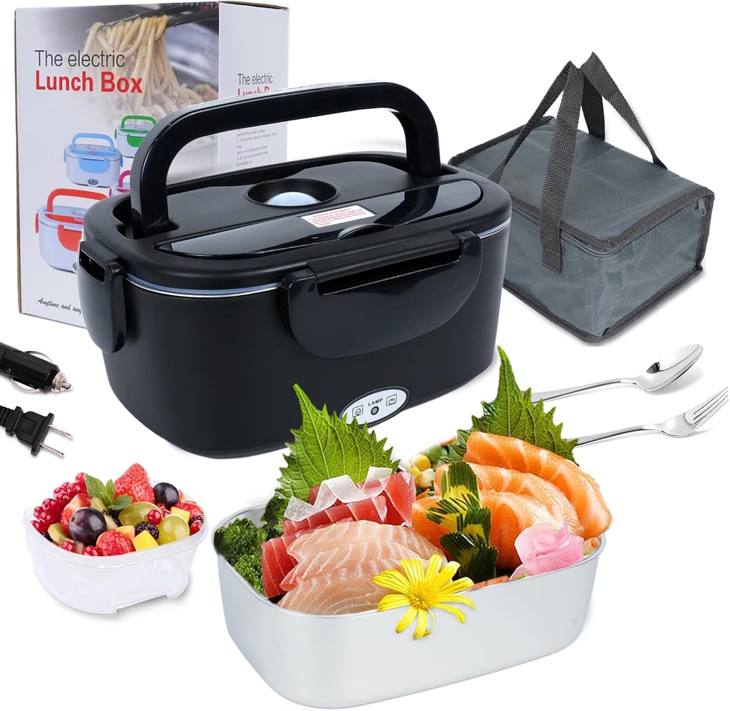 Electric Lunch Box Food Heater, 2 in 1 Heated Lunch Box for Car Truck Home Work Adults Food Heating, Leak Proof, 1.5L Removable Stainless Steel Container, 110V/12V/24V 80W