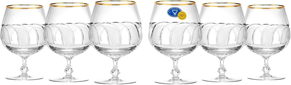 World Gifts Elegant and Modern Russian Cut Crystal Glassware for Hosting Parties and Events - Brandy Gold Rim Glass 400ml, 13oz, Set of 6