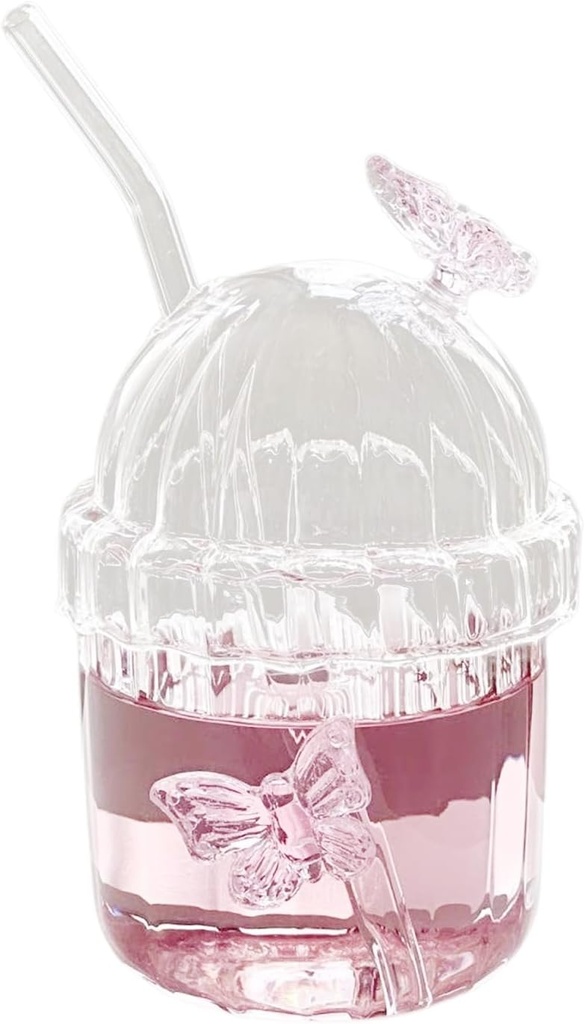 13.5 Oz Ribbed Glass Cups, Vintage Drinking Glassware with Lid and Straw Clear Iced Coffee Cup Aesthetic Glass Tumbler for Iced Coffee Juice Drink Milk (B)